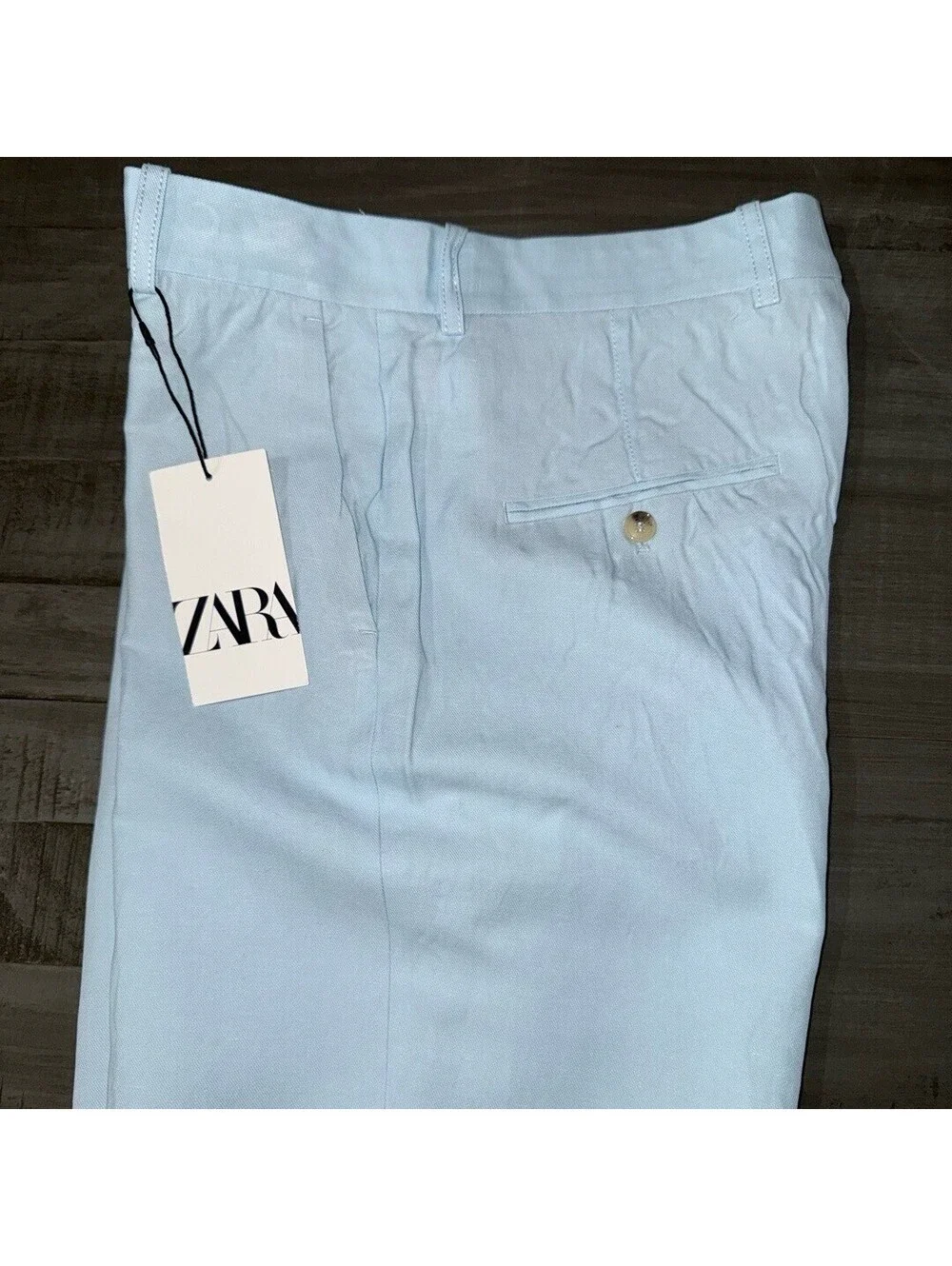 ZARA NWT ZW COLLECTION LINEN BLEND STRAIGHT FIT PANTS IN BLUE-SIZE LARGE